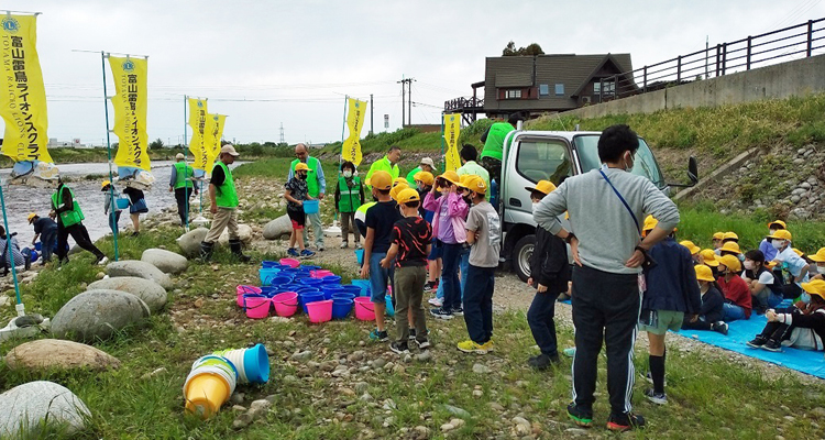 大きく育て！ 小学生と稚魚を放流