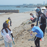 初夏の海岸で大学生と一緒に清掃活動